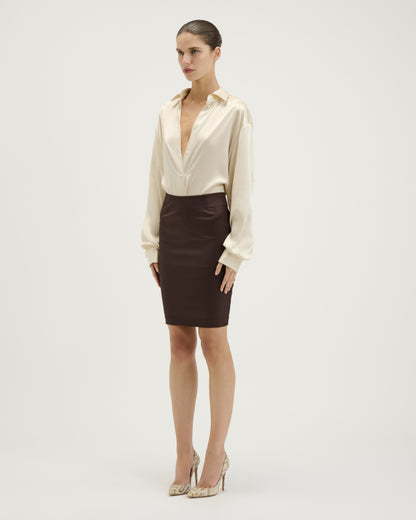 Satin Pencil Skirt / Brown